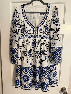 Anthropologie White Dress with Blue and Black Floral Embroidery